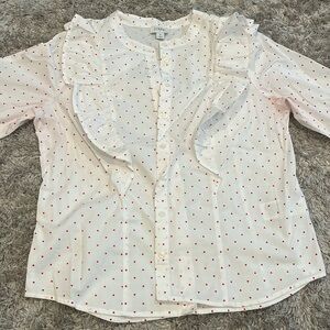 JCrew factory white ruffle button shirt with red hearts ❤️